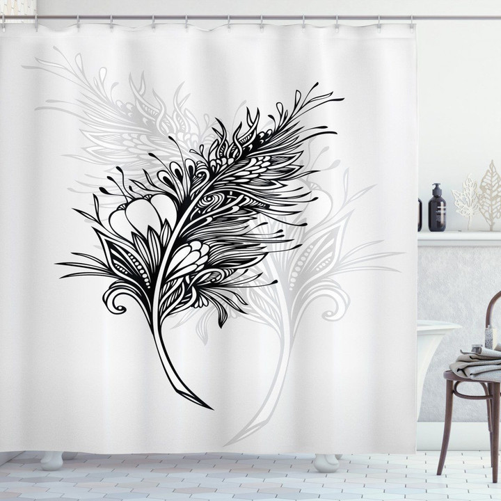 Doodle Style Plumage Boho Printed Shower Curtain Home Decor