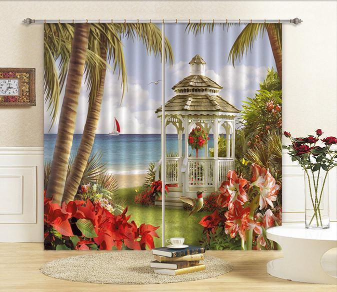 3D Beach Pavilion Window Curtains Home Decor