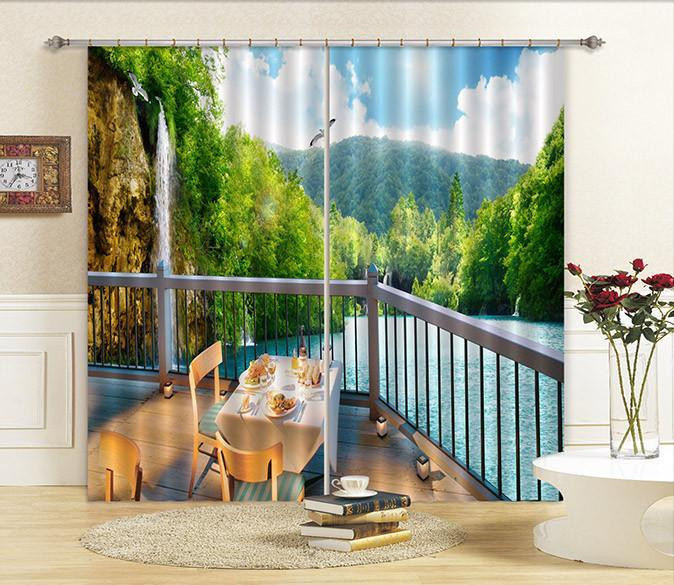 3D Balcony Lake Scenery Window Curtains Home Decor