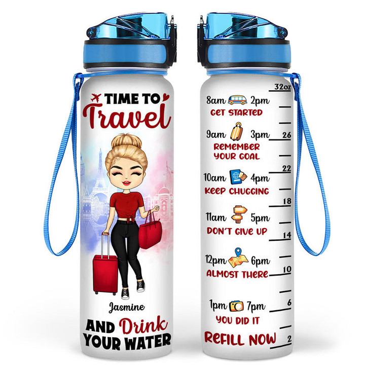 Time To Travel And Drink Your Water Gift For Travel Lovers Personalized Custom Water Tracker Bottle