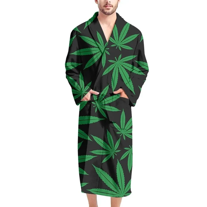 Green And Black Cannabis Leaf Pattern Satin Bathrobe Fleece Bathrobe