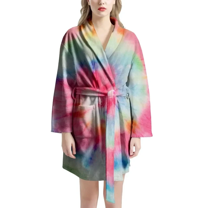 Rainbow Tie Dye Colorful Pattern Satin Bathrobe Fleece Bathrobe