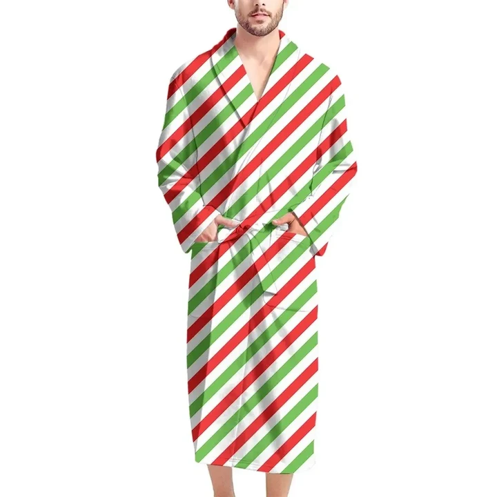 Christmas Colored Candy Cane Striped Satin Bathrobe Fleece Bathrobe