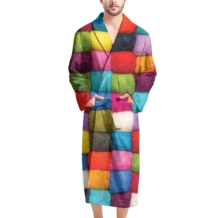 Colorful Yarn Balls Funny Pattern Satin Bathrobe Fleece Bathrobe