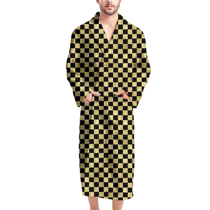 Gold And Black Checkered Pattern Satin Bathrobe Fleece Bathrobe