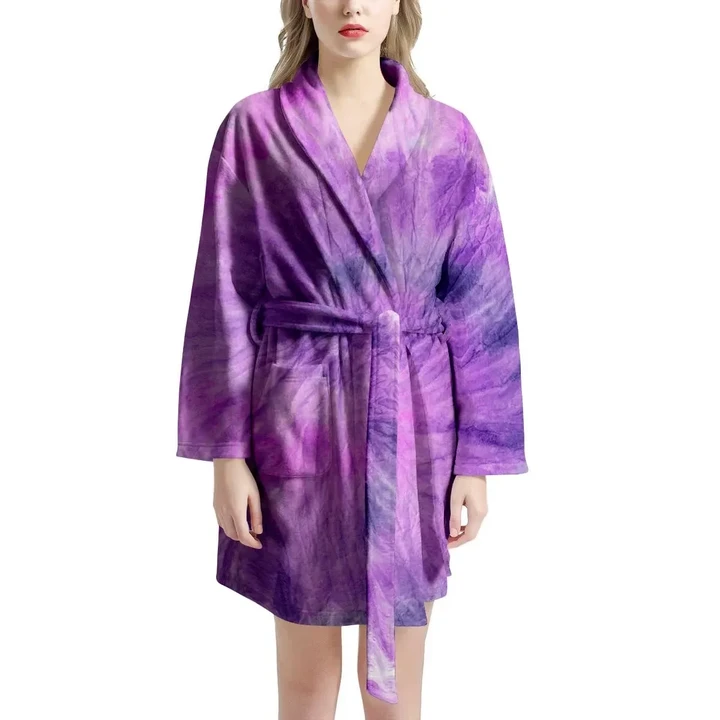 Tie Dye In Purple Pattern Satin Bathrobe Fleece Bathrobe