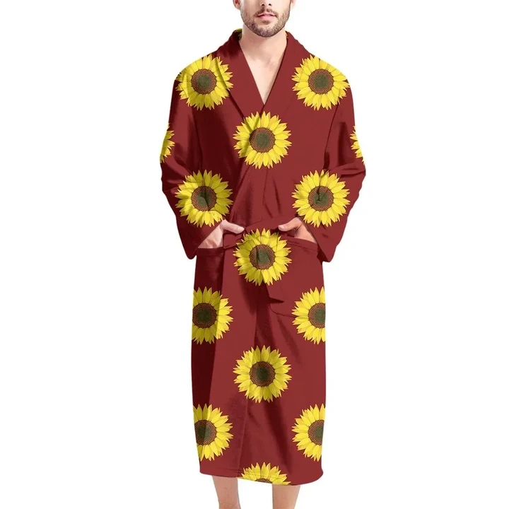 Burgundy Sunflower On Red Pattern Satin Bathrobe Fleece Bathrobe