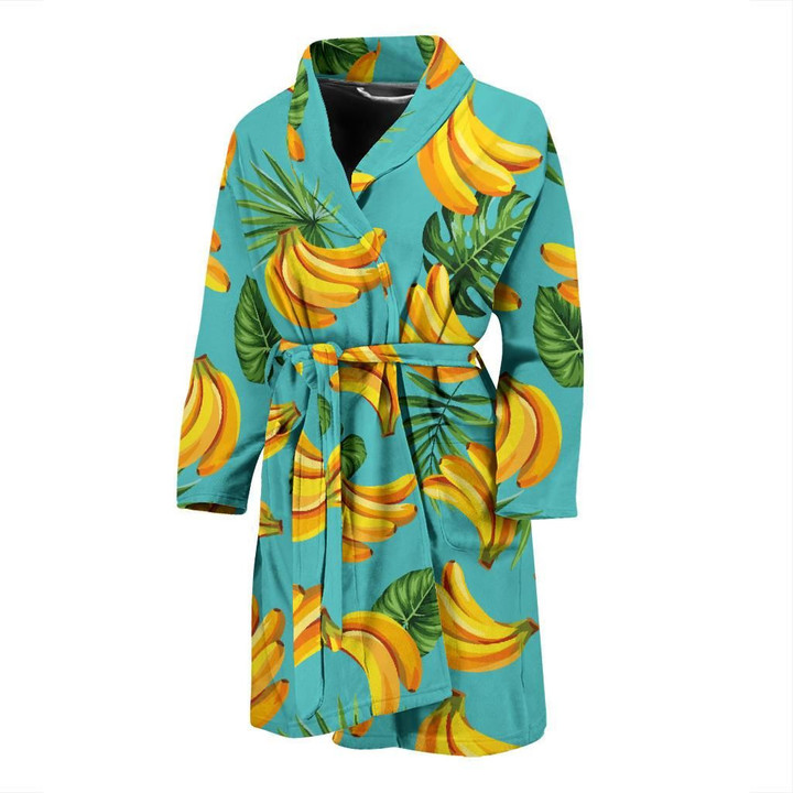 Banana Palm Leaves On Blue Background Pattern Satin Bathrobe Fleece Bathrobe
