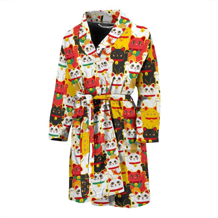 Colorful Maneki Neko Lucky Cat Pattern Satin Bathrobe Fleece Bathrobe