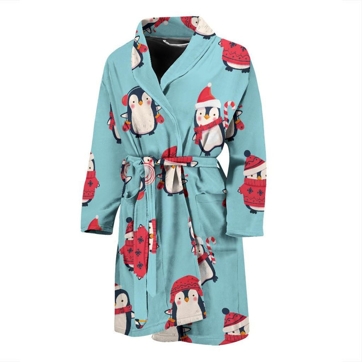 Cute Penguin Christmas Design Pattern Satin Bathrobe Fleece Bathrobe