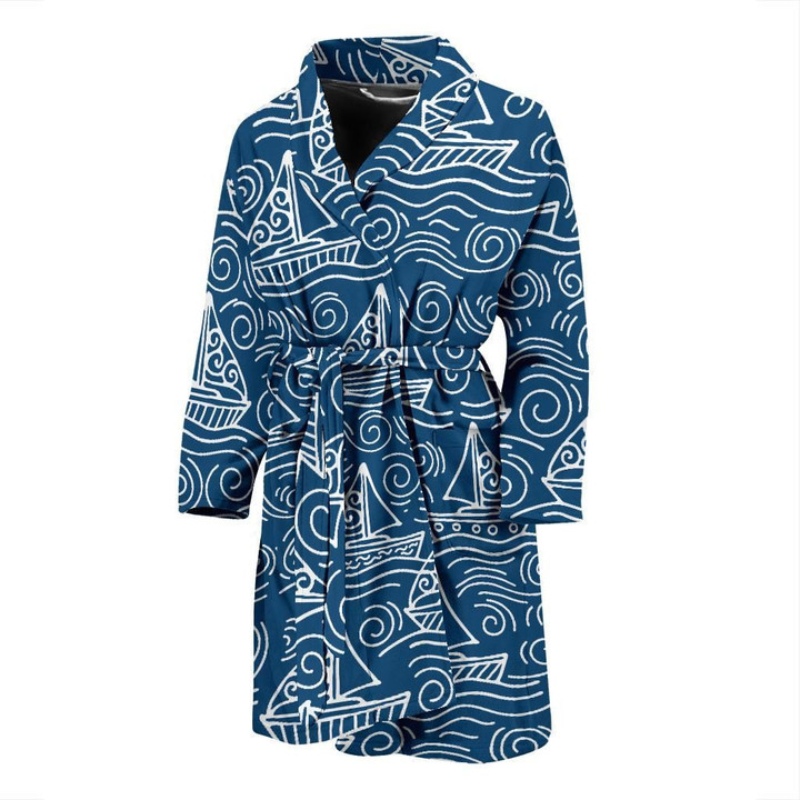 Hand Drawn Sailboat In Blue Pattern Satin Bathrobe Fleece Bathrobe