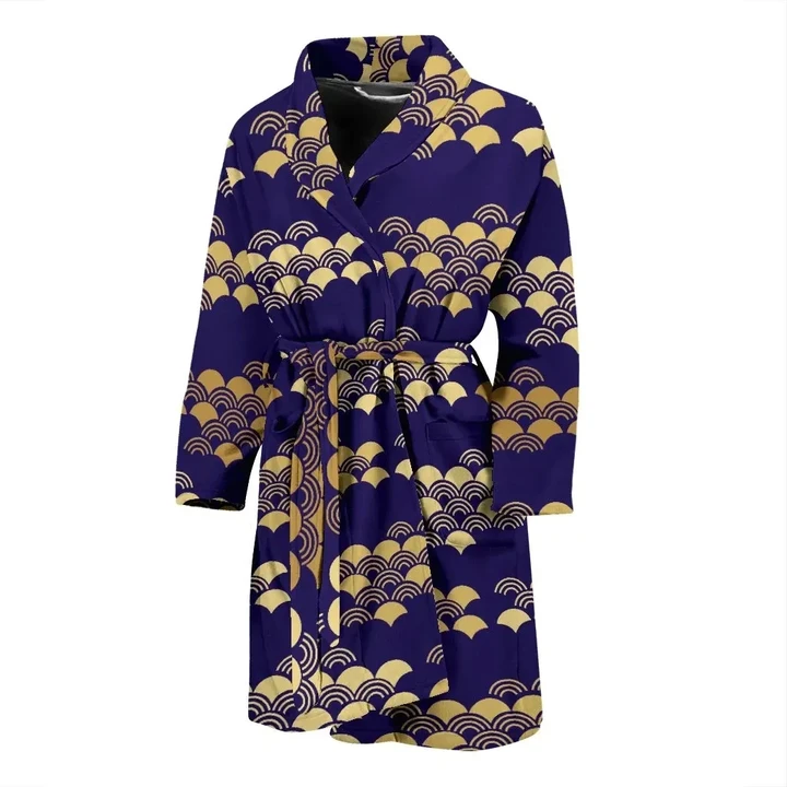 Beautiful Japanese Fan Gold And Blue Pattern Satin Bathrobe Fleece Bathrobe