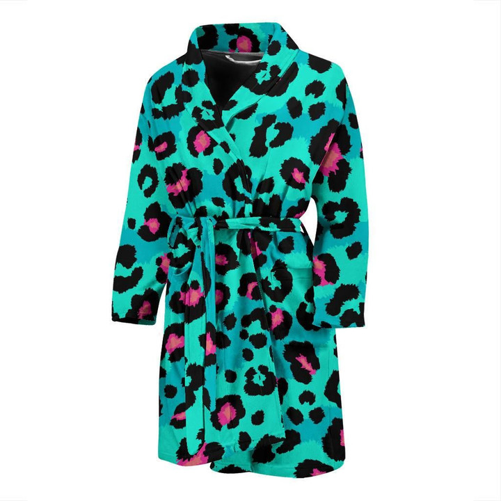 Green And Pink Leopard Skin Pattern Satin Bathrobe Fleece Bathrobe