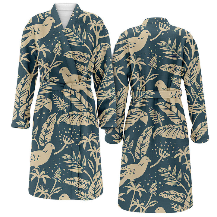 Tropical Birds And Palm Leaves Hand Drawn Printed Satin Bathrobe Fleece Bathrobe