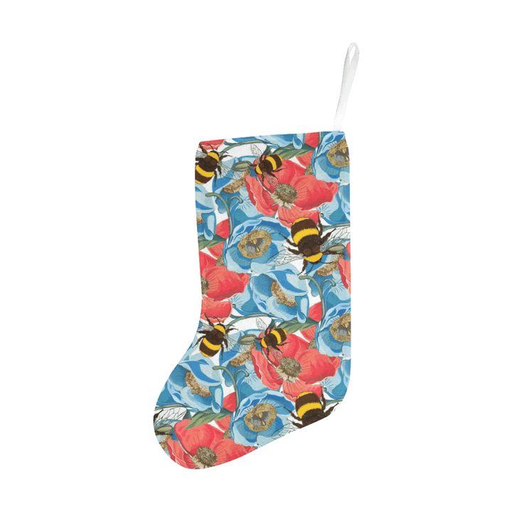 Bee Red and Blue Hibiscus Pattern Christmas Stocking Hanging Ornament