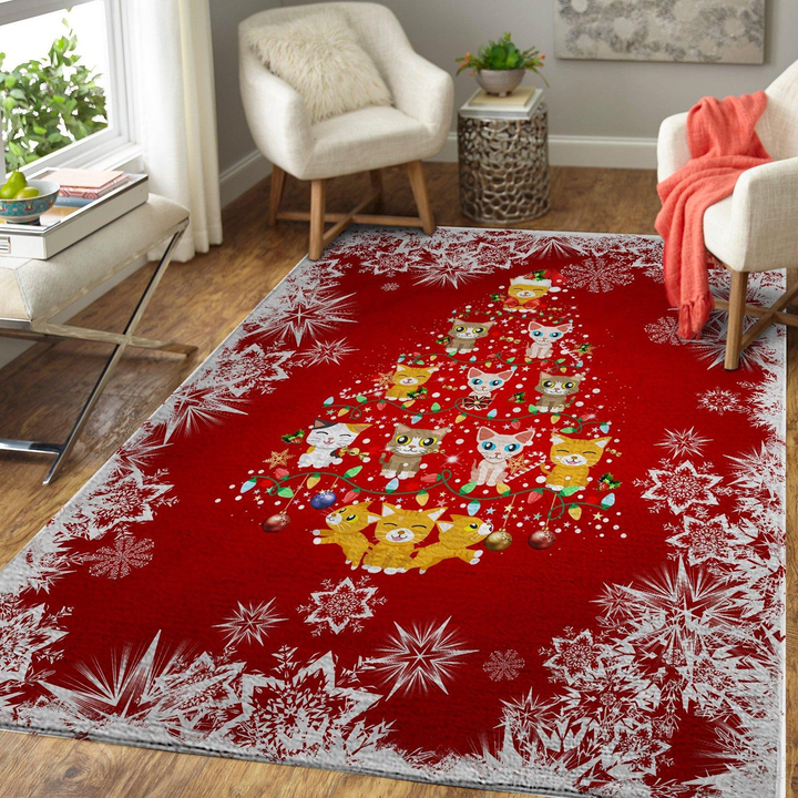 Cat Christmas Tree Red White Snow Rug Room Carpet Custom Area Floor Home Decor