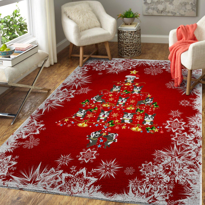 Boston Terrier Christmas Tree Red White Snow Rug Room Carpet Custom Area Floor Home Decor