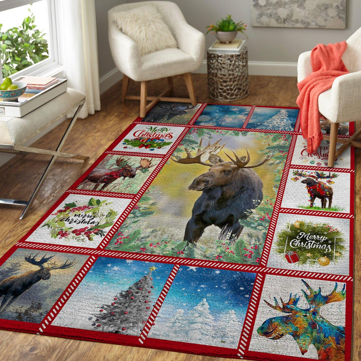 Moose Merry Christmas Rug Room Carpet Sport Custom Area Floor Home Decor