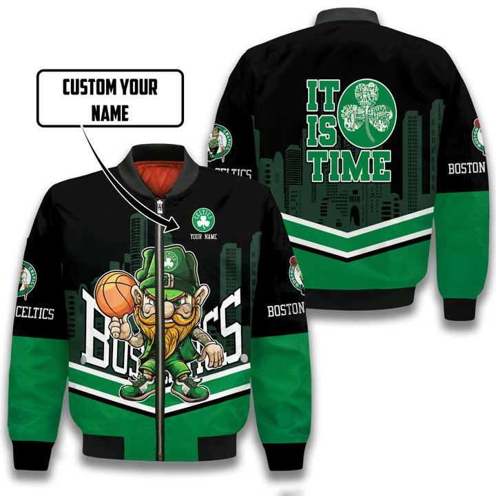Boston Celtics Lucky The Leprechaun Pattern Personalized Name 3D Bomber Jacket Gift For Fan