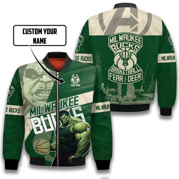 Milwaukee Bucks Hulk Strong Pattern Personalized Name 3D Bomber Jacket Gift For Fan