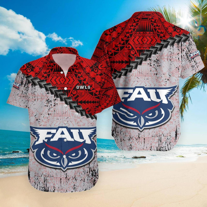 Florida Atlantic Owls NCAA Grunge Polynesian Tattoo Summer Gift For Fans 3D Hawaiian Shirt