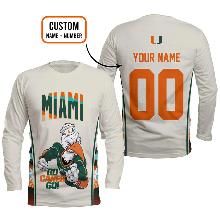 Custom Name And Number Miami Hurricanes Men's Basketball Mascot Pattern Print 3D Long Sleeve T-Shirt