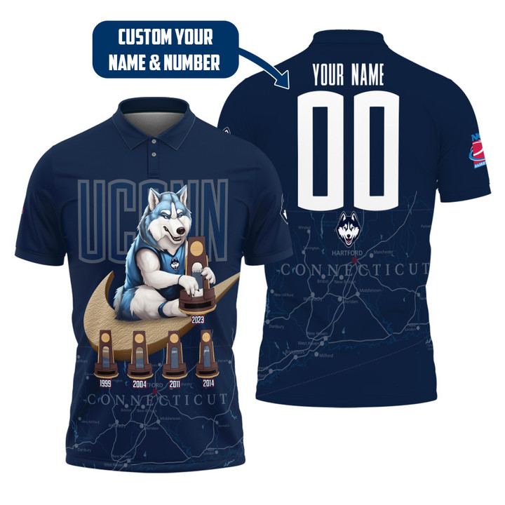 UConn Huskies Hold The NCAA Cup Basketball Mascot Custom Name And Number Pattern 3D Men's Polo Shirt