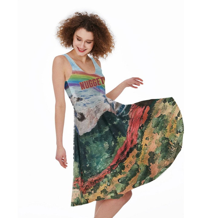 Denver Nuggets Rainbow Nature Pattern Print 3D Sleeveless Midi Dress