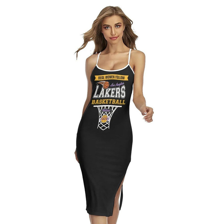 Real Women Follow Los Angeles Lakers Basketball Madness Print Cross Cami Dress