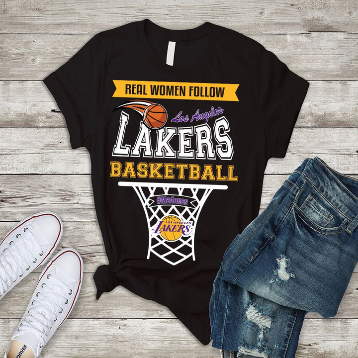 Real Women Follow Los Angeles Lakers Basketball Madness Print 2D T-Shirt For Women's