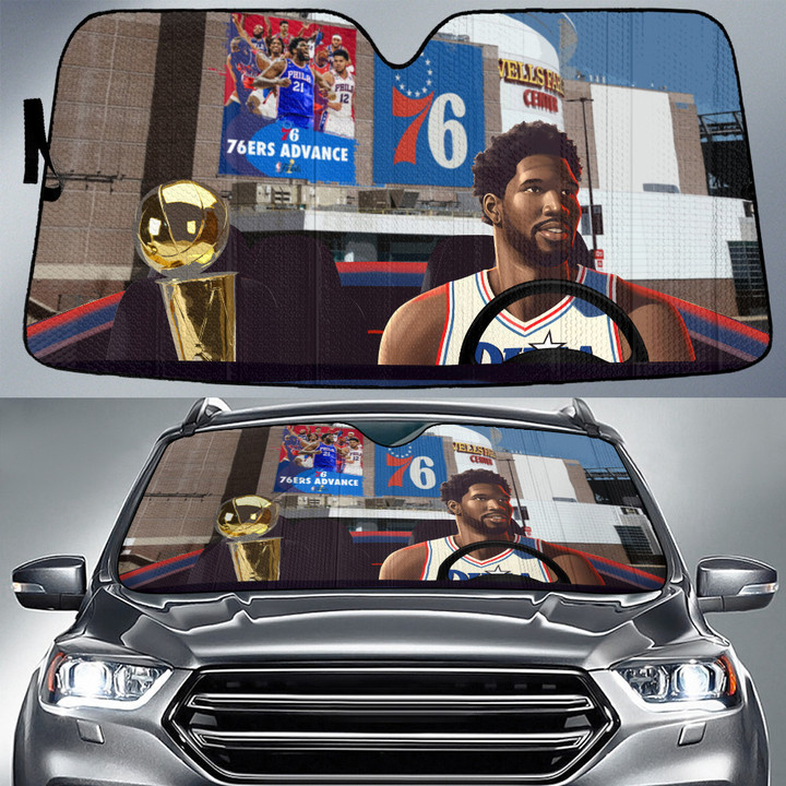 Joel Embiid Philadelphia 76ers Bring NBA Cup To Home Background Car Sun Shade Cover Auto Windshield