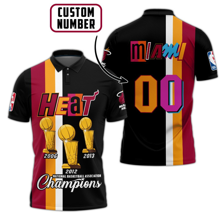 Custom Number Miami Heat Nations Basketball Champions Print 3D Men's Polo Shirt