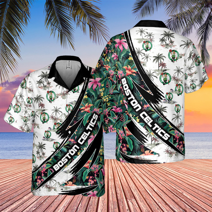 Boston Celtics Hibiscus Flower And Tree Pattern Print Hawaiian Shirt