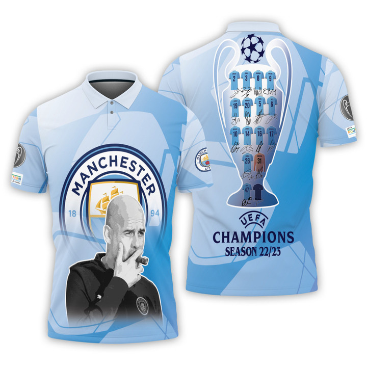 Manchester City Uefa Champion League Print 3D Men's Polo Shirt