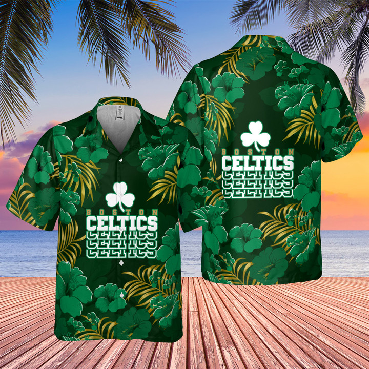 Boston Celtics Hibiscus And Tree Tropical Pattern Print Hawaiian Shirt
