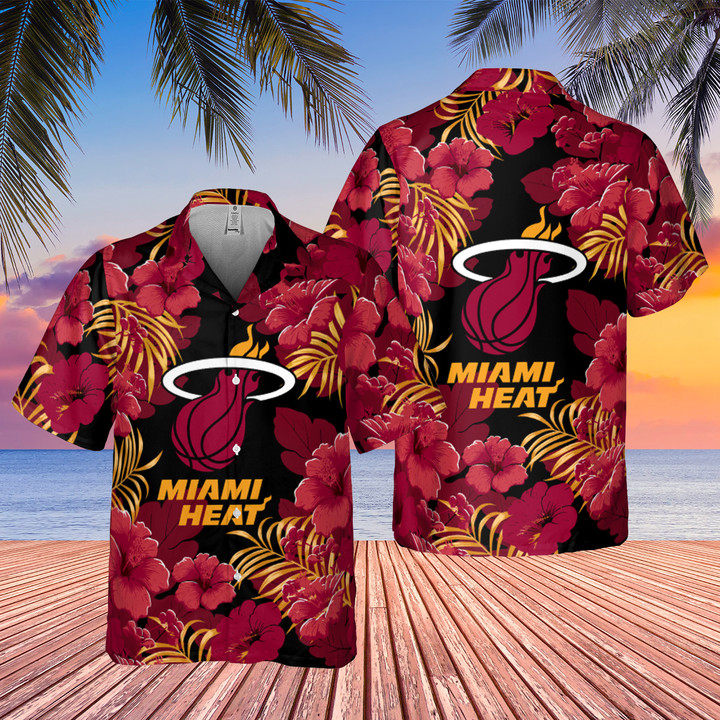 Miami Heat Hibiscus And Tree Tropical Pattern Print Hawaiian Shirt