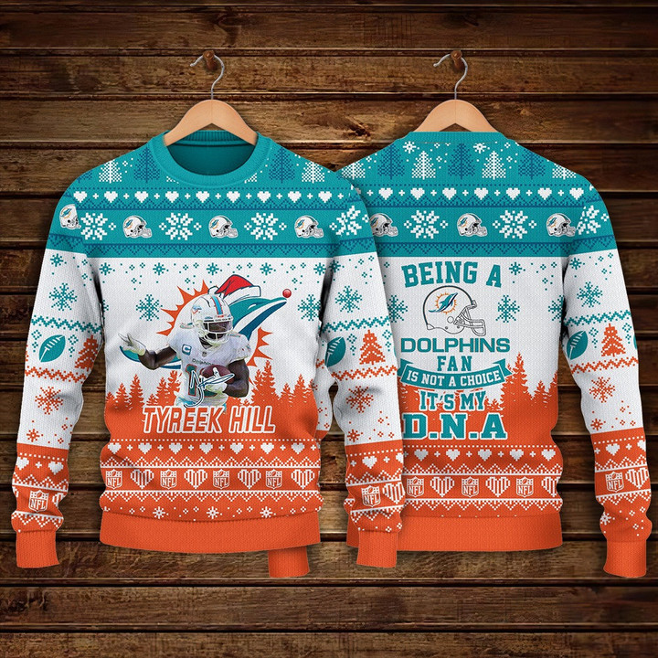 Tyreek Hill Miami Dolphins Being A Dolphins Fan Is My D.N.A NFL Print Christmas Sweater