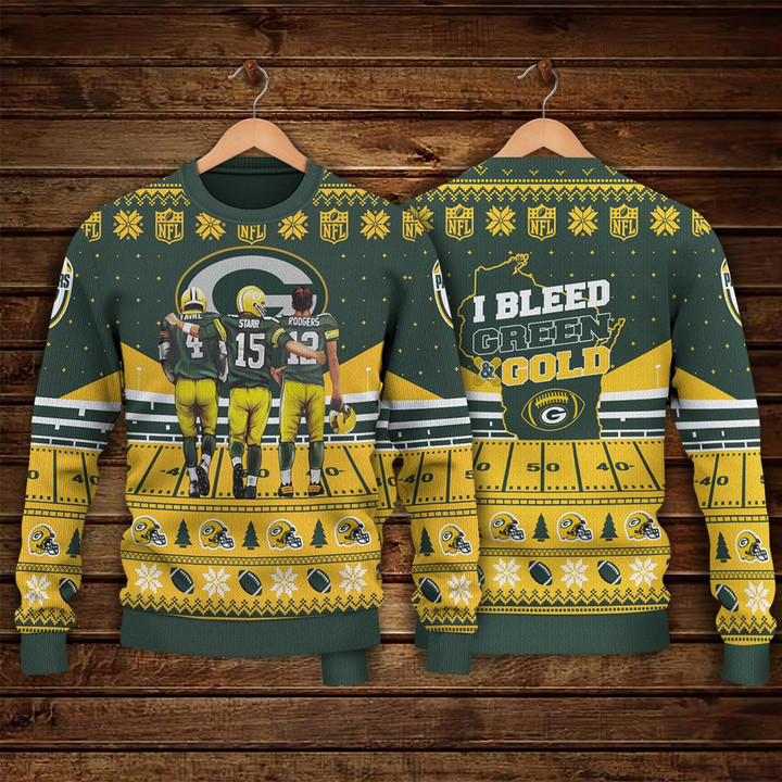 Aaron Rodgers Bart Starr Brett Favre Green Bay Packers I Bleed Green And Gold NFL Print Christmas Sweater