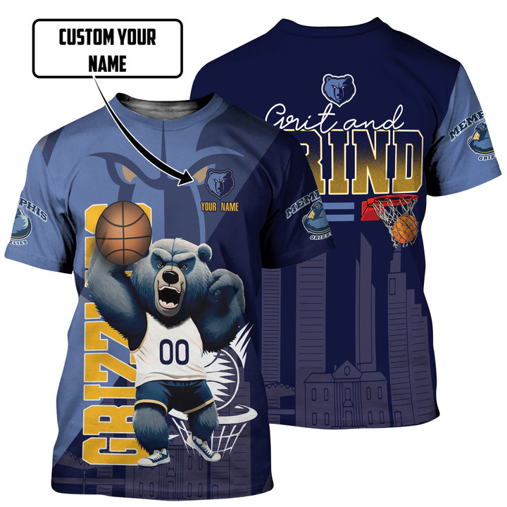 Memphis Grizzlies Grizz Mascot Basketball Pattern Personalized Name 3D T-Shirt Gift For Fan