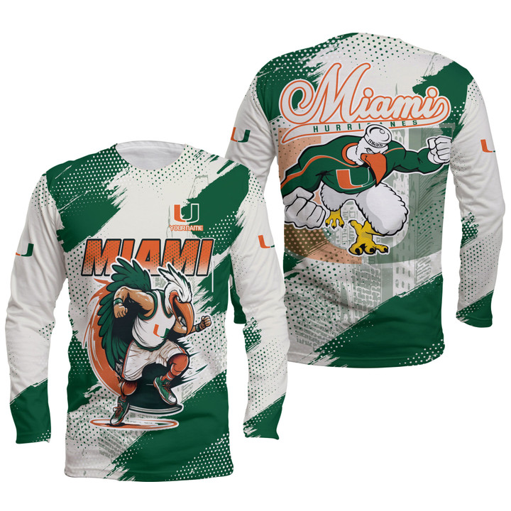 Custom Name Miami Hurricanes Basketball Mascot Sebastian The Ibis Print 3D Long Sleeve T-Shirt