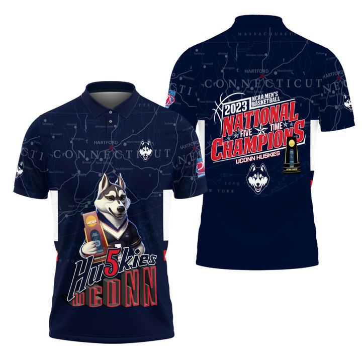 Uconn Huskies NCAA Champions 2023 Mascot Fifth Times Championship 3D Men's Polo Shirt SH1