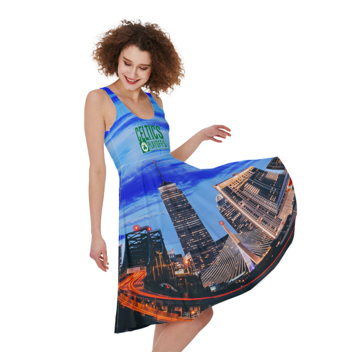 Celtics Playoffs Big City Background Basketball Beautiful Print 3D Sleeveless Midi Dress