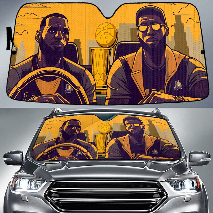 Los Angeles Lakers Lebron James And David Bring NBA Cup To Home Background Car Sun Shade Cover Auto Windshield