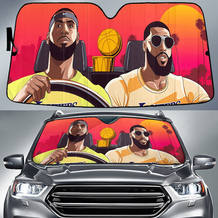 Los Angeles Lakers Sunset Background Lebron James And David Bring NBA Cup To Home Background Car Sun Shade Cover Auto Windshield
