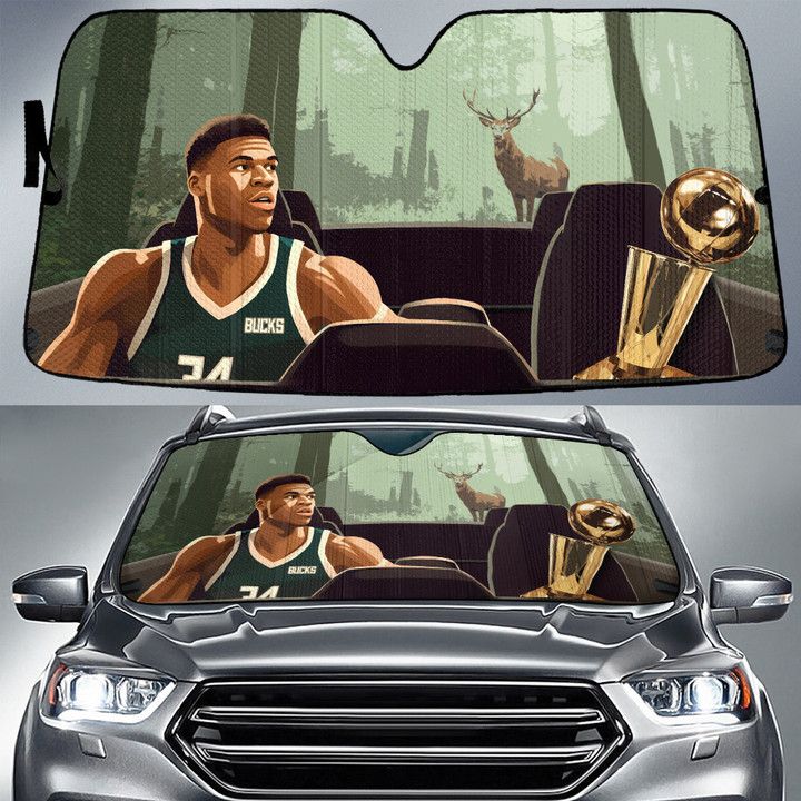 Giannis Antetokounmpo Milwaukee Bucks Bring NBA Cup To Home Background Car Sun Shade Cover Auto Windshield