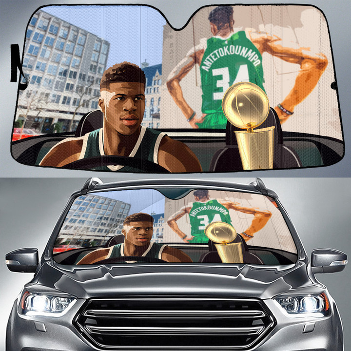 Giannis Antetokounmpo Milwaukee Bucks City Background Bring NBA Cup To Home Background Car Sun Shade Cover Auto Windshield