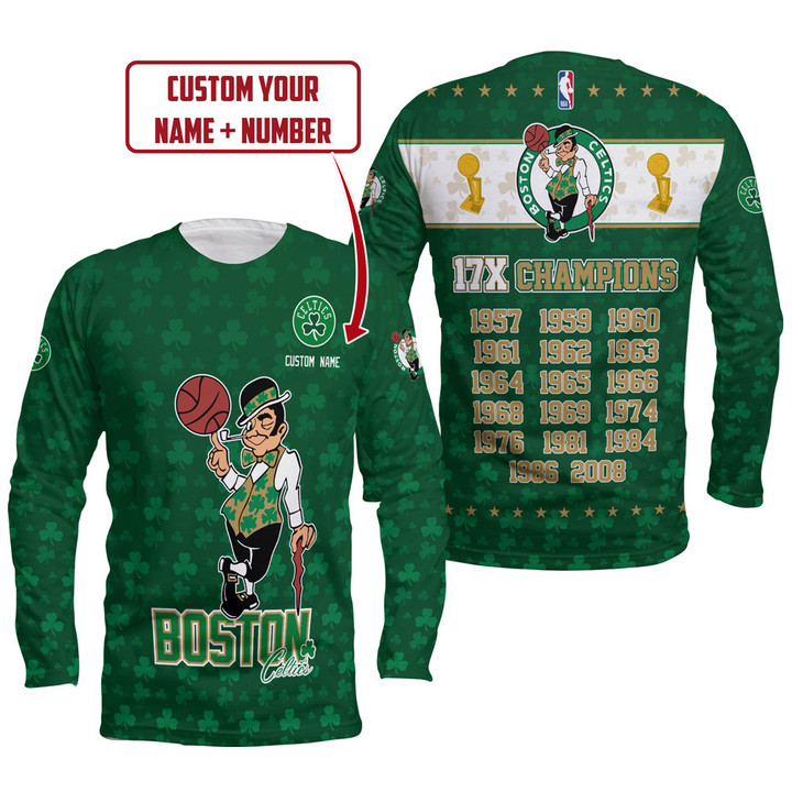 Boston Celtics 17x Champions Logo Pattern Print 3D Long Sleeve SH1