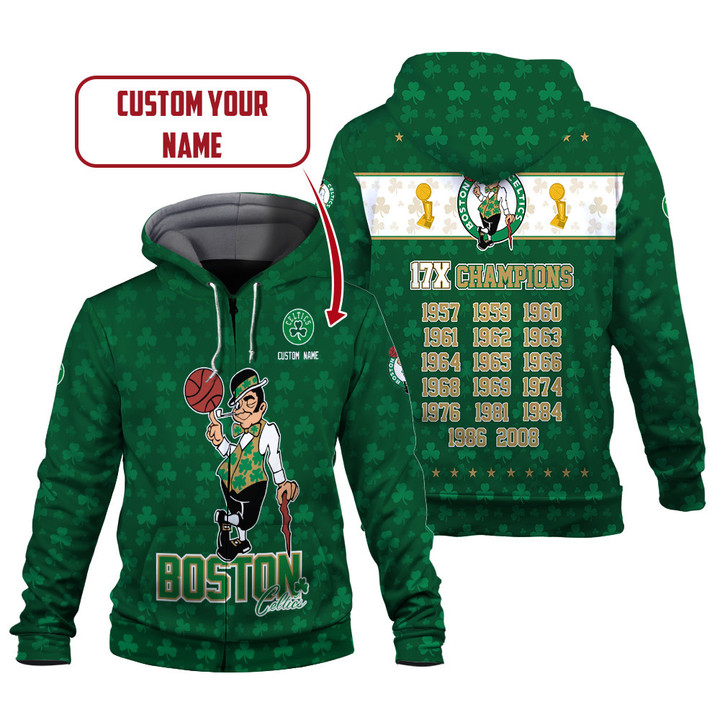 Boston Celtics 17x Champions Logo Pattern Print 3D Zip Hoodie SH1