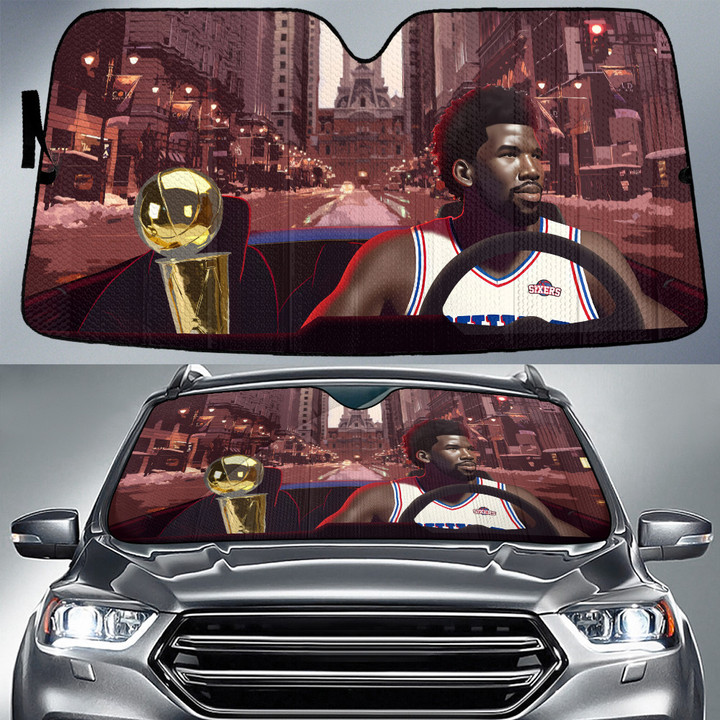 Joel Embiid Philadelphia 76ers Bring NBA Cup To Home Background Car Sun Shade Cover Auto Windshield