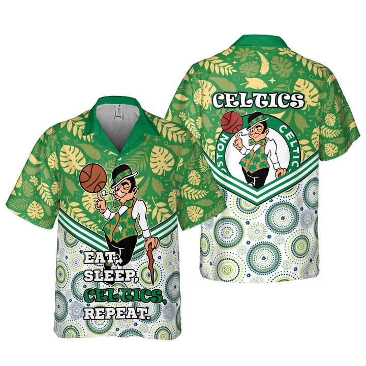 Boston Celtics Eat Sleep Heat Repeat Flower Pattern Print Hawaiian Shirt
